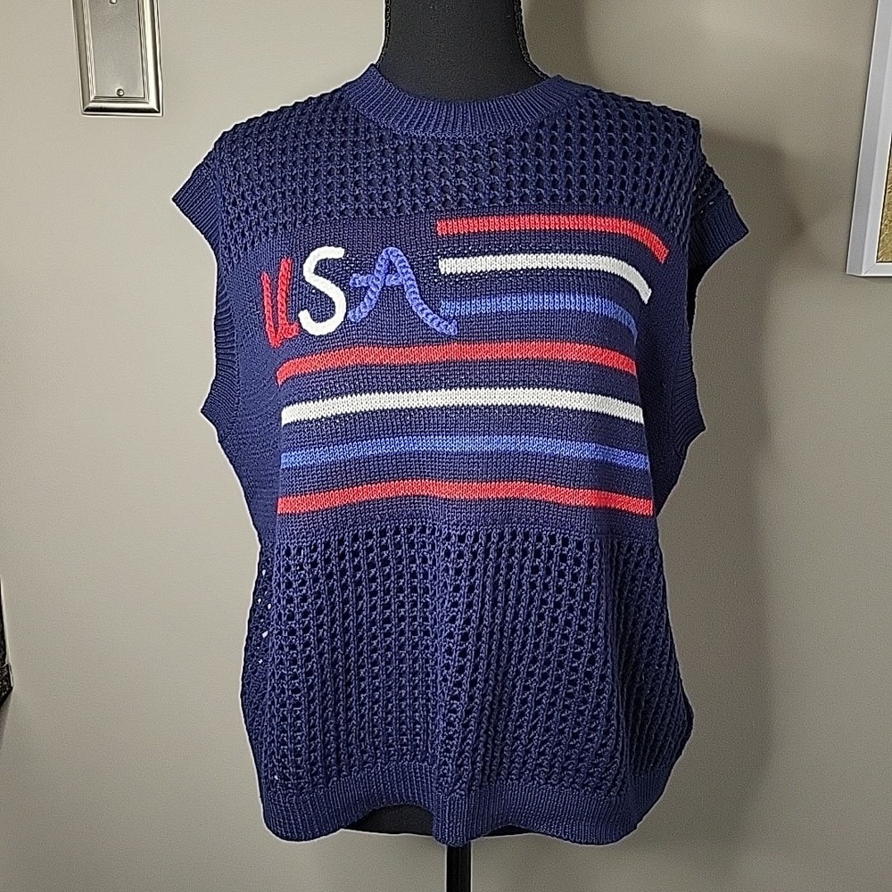 MAIN STRIP American USA Blue Patriotic Striped Open‎ Knit Sweater Womens Small